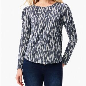 NZT Nic+Zoe Ikat Navy Blue and Gray Long Sleeve Ruched Tee Women's Size XL